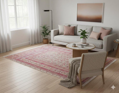 Vintage Afghan Rug: Washable Beige Living Room Carpet