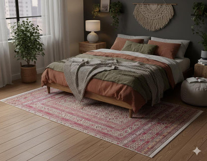 Vintage Afghan Rug: Washable Beige Living Room Carpet