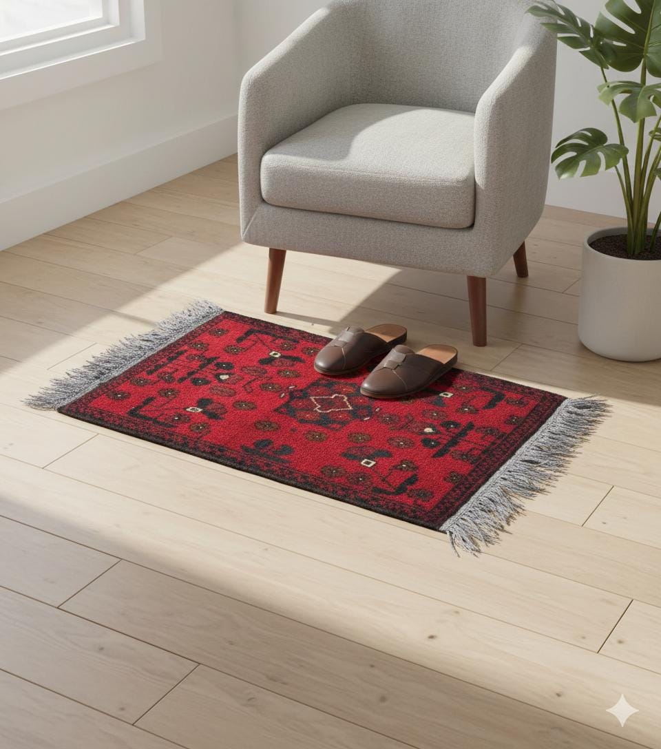 Small Handmade Afghan Rug: Tribal Red Wool Carpet, Boho Decor (44x61 cm)