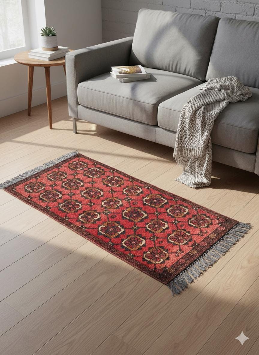 Small Afghan Rug: Handmade Tribal Red Wool Carpet, Boho Decor (50x96 cm)
