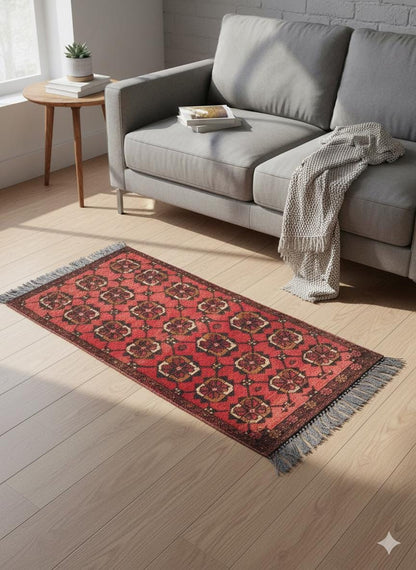 Small Afghan Rug: Handmade Tribal Red Wool Carpet, Boho Decor (50x96 cm)