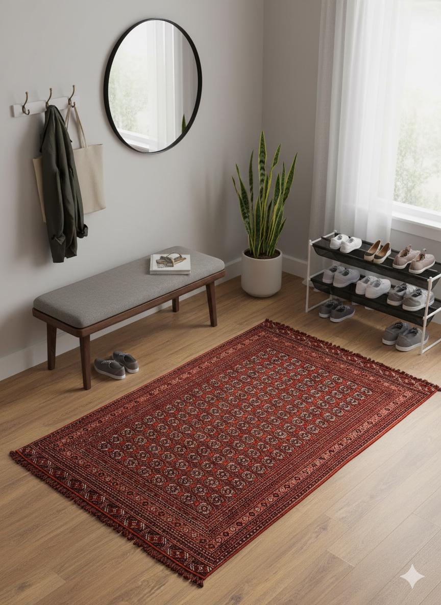 Red Afghan Rug: Washable Chenille Farmhouse Decor (3.9 x 5.9 ft)