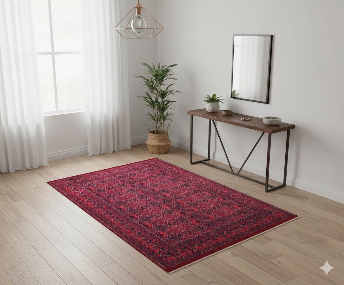 Vintage Red Afghan Rug: Washable Living Room Carpet