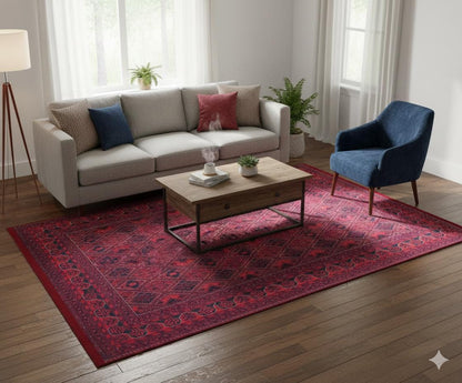 Vintage Red Afghan Rug: Washable Living Room Carpet