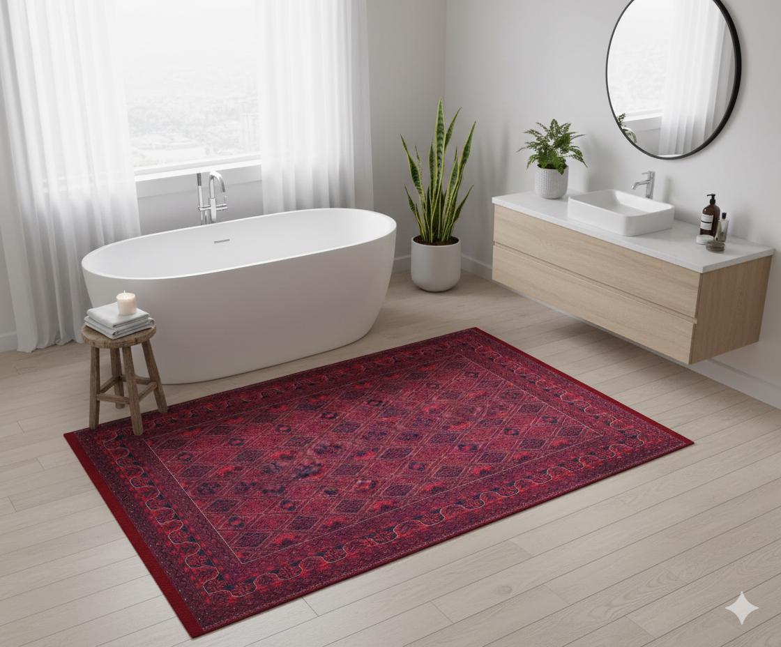 Vintage Red Afghan Rug: Washable Living Room Carpet