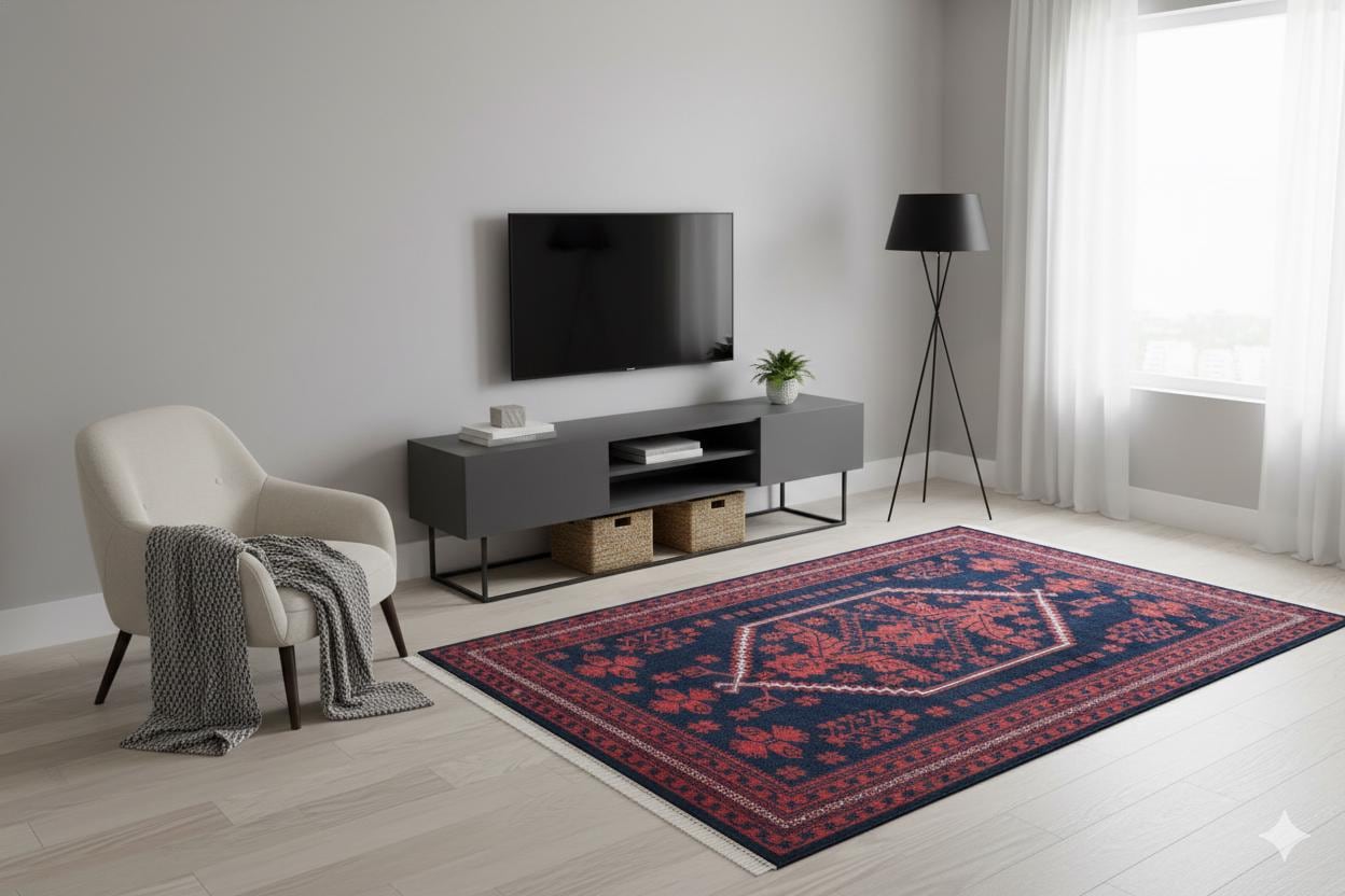 Red Vintage Oriental Afghan Rug: Washable Red Carpet with Tassels