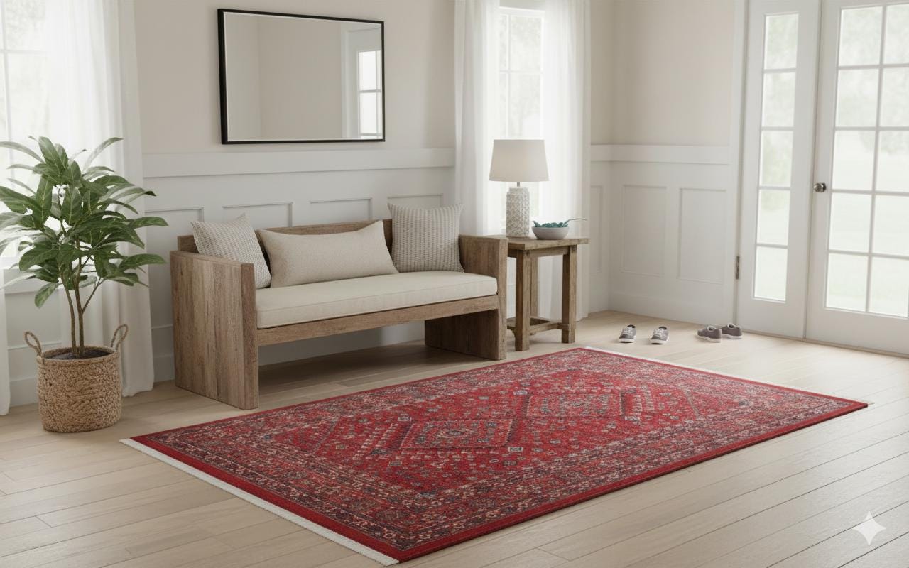 Red Vintage Oriental Afghan Rug: Washable Red Carpet with Tassels