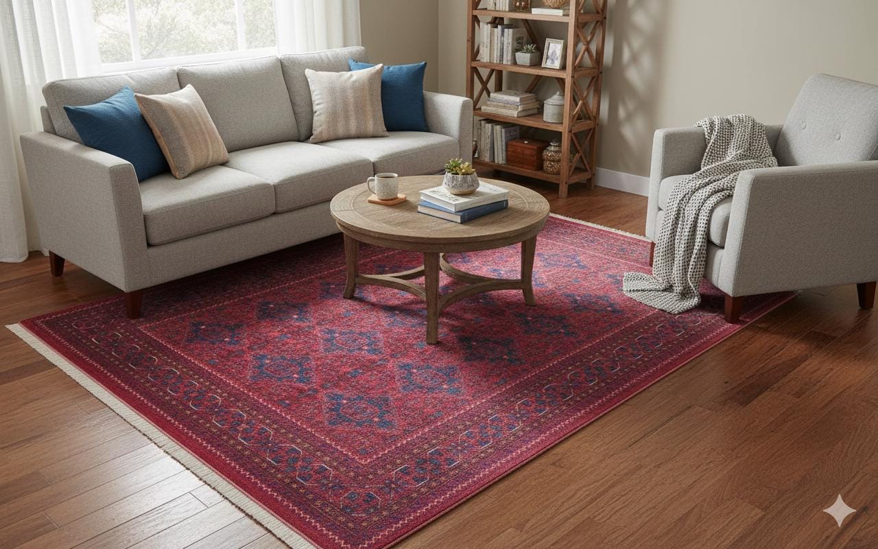 Red Vintage Oriental Afghan Rug: Washable Red Carpet with Tassels