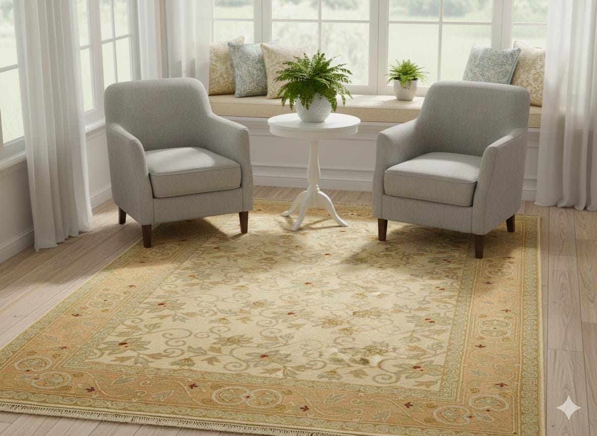 Vintage Turkish Wool Rug: Handmade Beige Floral Carpet (5.70 ft x 7.48 ft)