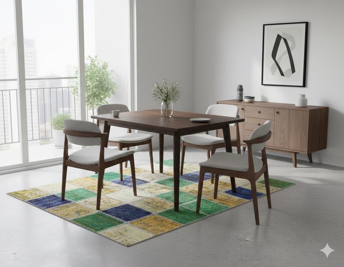 Handmade Wool Patchwork Rug: Bohemian Turkish Area Rug (3.9x5.7 ft)
