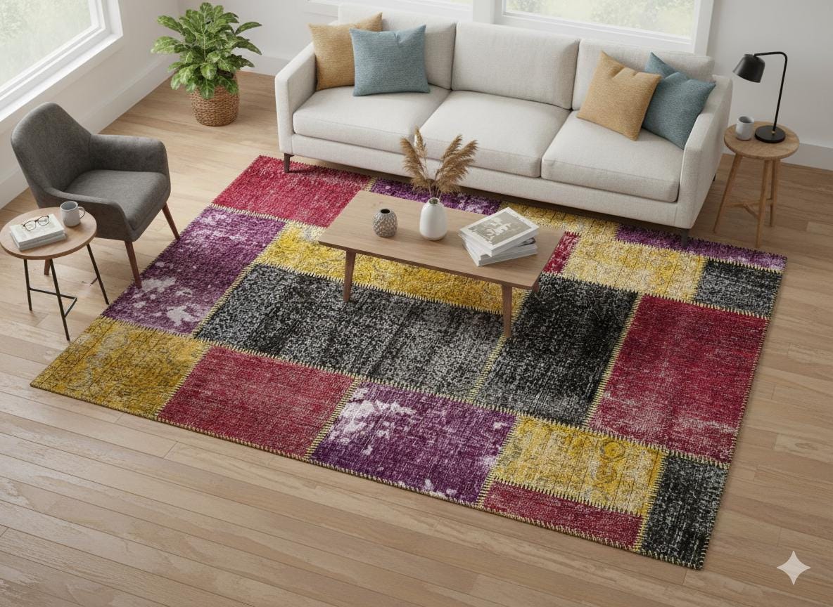 Handmade Wool Patchwork Turkish Rug: Bohemian Area Rug (5.6x7.9 ft)