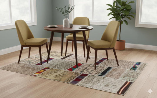 Handmade Wool Patchwork Turkish Rug - Bohemian Area Rug (4.10x6.6 ft)