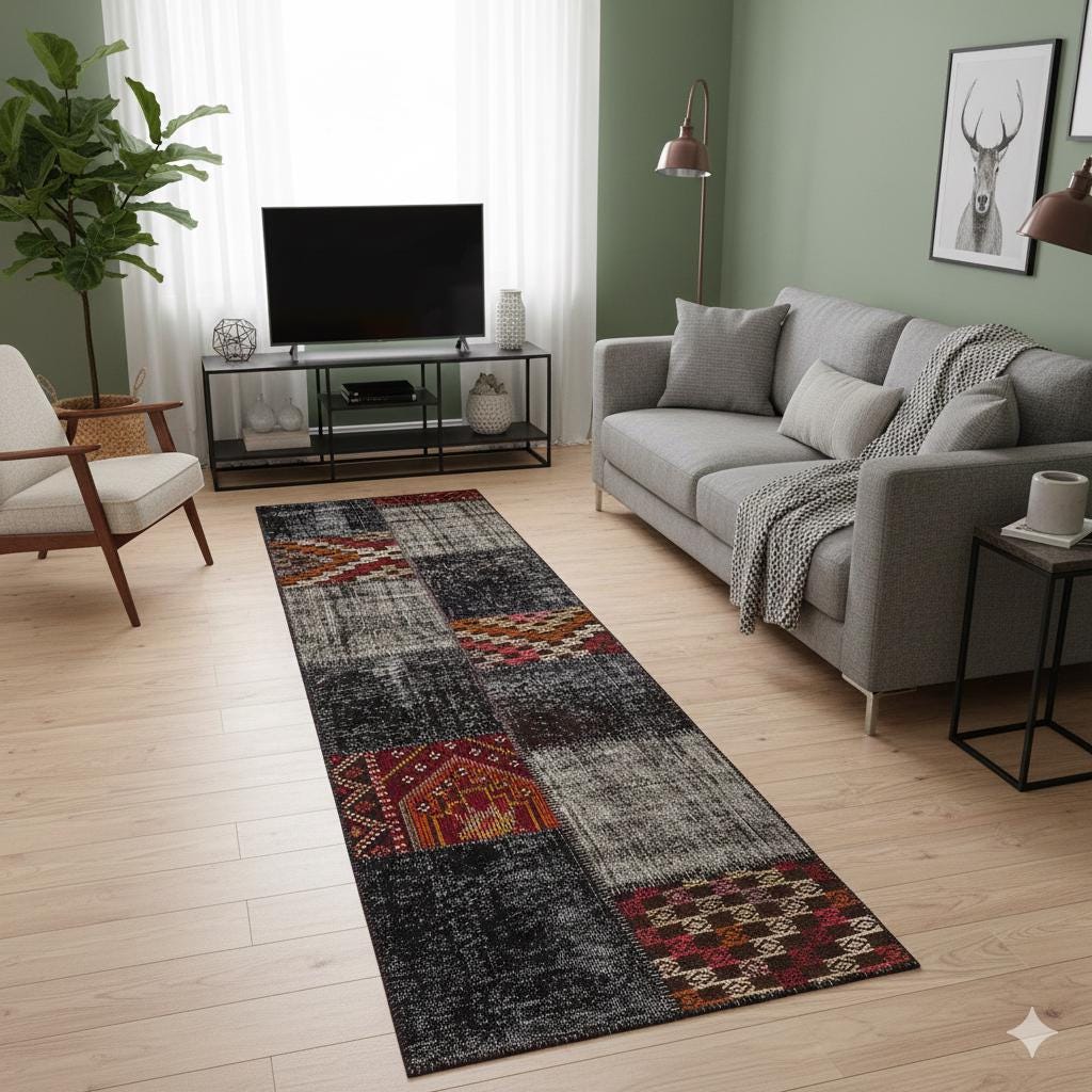 Handmade Wool Patchwork Turkish Rug - 2.6x9.8 ft Bohemian Area Rug