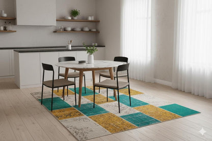 Green Patchwork Wool Rug: Bohemian Handmade Area Rug (6.6x7.5 ft)