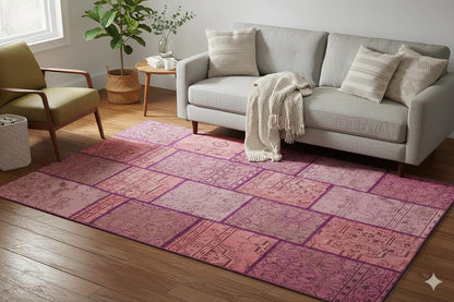 Handmade Wool Patchwork Rug: Bohemian Pink Anatolian Rug (5.9x8.5 ft)