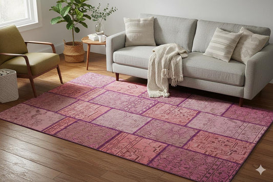 Handmade Wool Patchwork Rug: Bohemian Pink Anatolian Rug (5.9x8.5 ft)