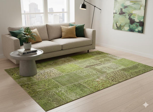 Handmade Green Patchwork Rug: Bohemian Wool Area Rug (6.5x9.8 ft)