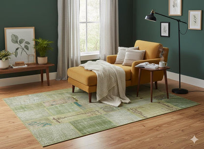 Green Patchwork Wool Rug: Handmade Turkish Bohemian Carpet (6.5x9.8 ft)