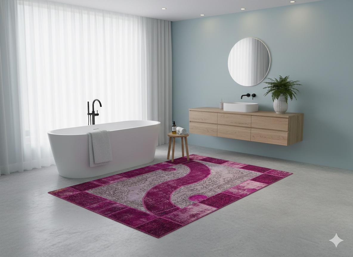 Pink Patchwork Wool Rug: Bohemian Ying Yang Area Rug (7.9x10.8 ft)
