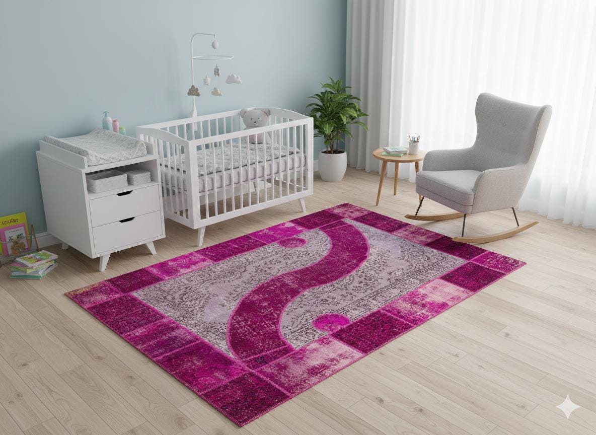 Pink Patchwork Wool Rug: Bohemian Ying Yang Area Rug (7.9x10.8 ft)