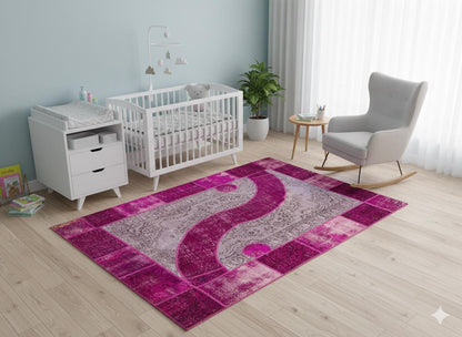 Pink Patchwork Wool Rug: Bohemian Ying Yang Area Rug (7.9x10.8 ft)