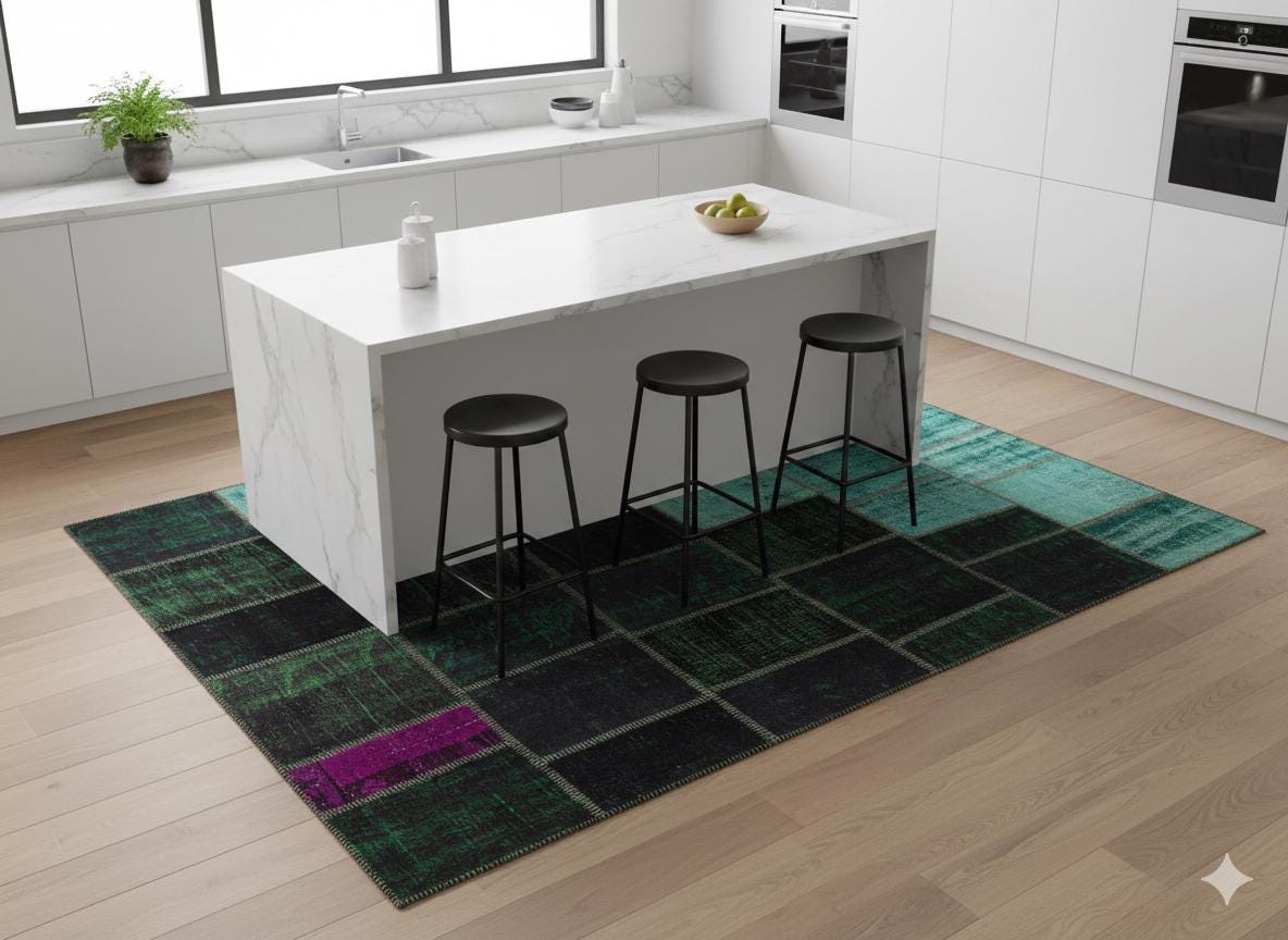 Green Patchwork Rug: Bohemian Handmade Wool Area Rug (6.5x9.8 ft)