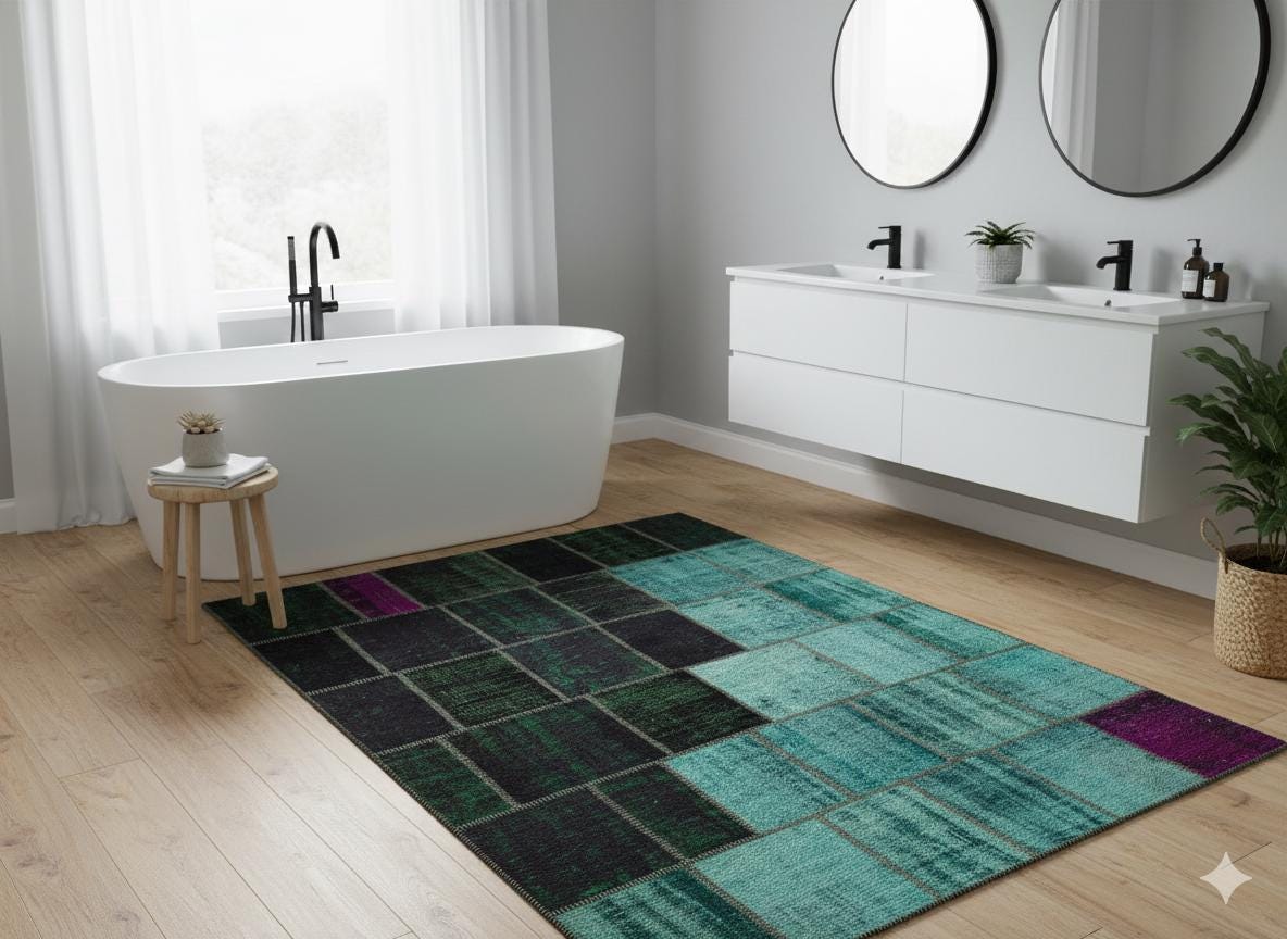 Green Patchwork Rug: Bohemian Handmade Wool Area Rug (6.5x9.8 ft)