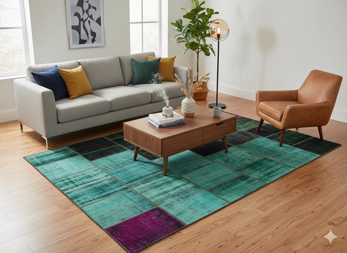 Green Patchwork Rug: Bohemian Handmade Wool Area Rug (6.5x9.8 ft)