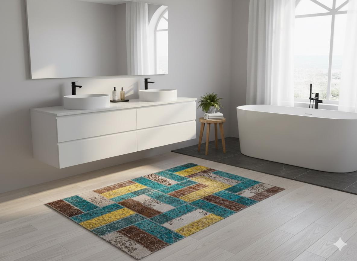 Handmade Patchwork Turkish Rug: Bohemian Wool Area Rug (5.6x7.9 ft)