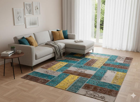 Handmade Patchwork Turkish Rug: Bohemian Wool Area Rug (5.6x7.9 ft)