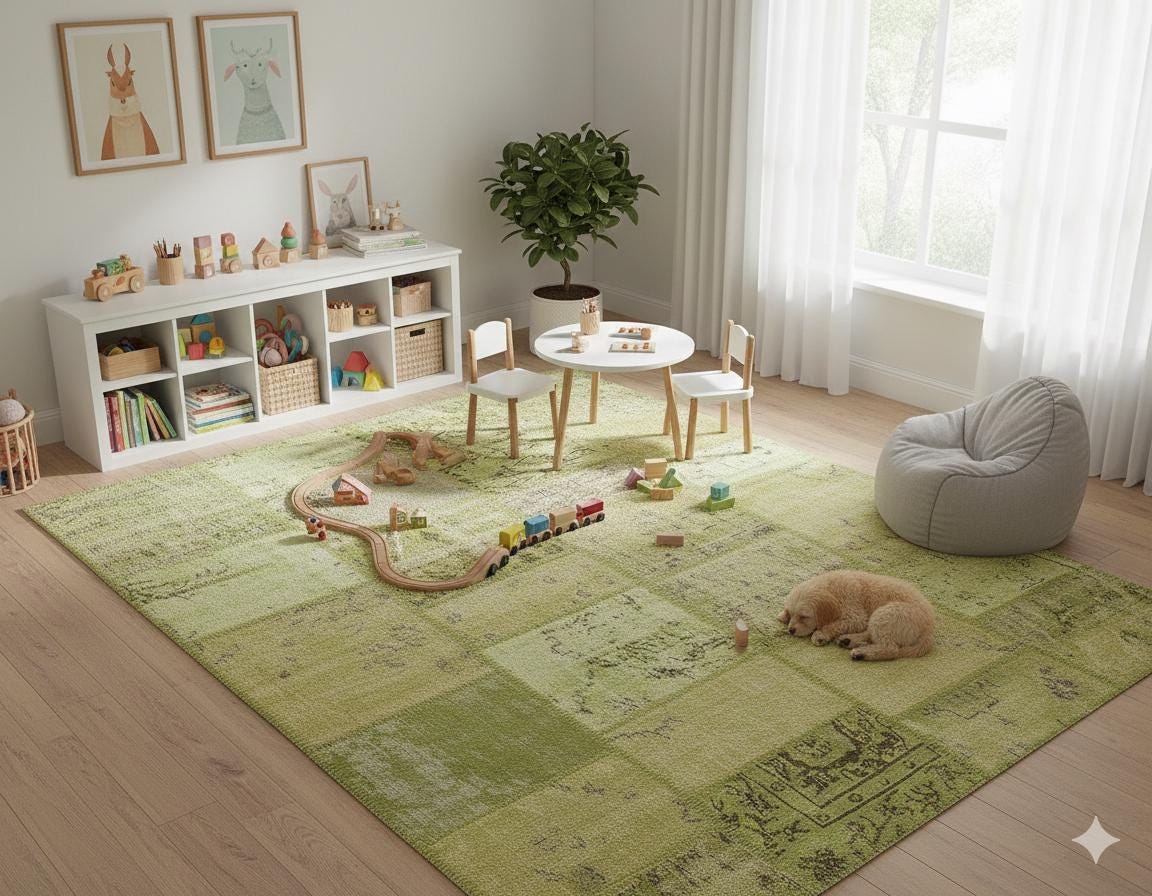 Green Patchwork Wool Rug: Handmade Turkish Area Rug (5.5x8.1 ft)