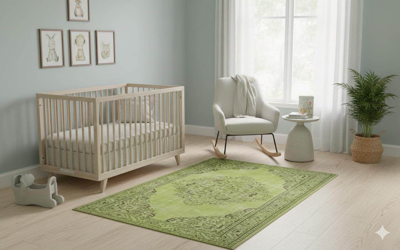 Vintage Green Wool Rug: Handmade Nursery Carpet 6x9ft