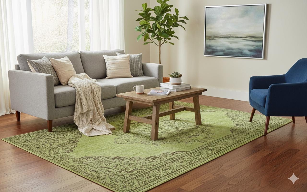 Vintage Green Wool Rug: Handmade Nursery Carpet 6x9ft