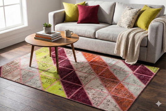 Handmade Wool Patchwork Rug: Bohemian Turkish Area Rug (5.4x8 ft)