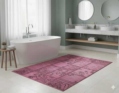 Handmade Wool Turkish Patchwork Rug: Vintage Pink Bohemian Area Rug (4.2x5.4)