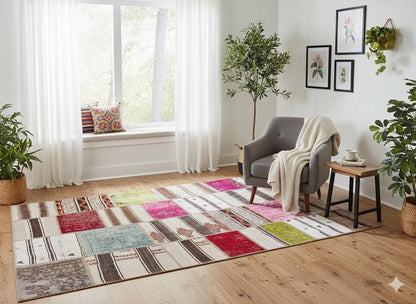 Handmade Turkish Patchwork Kilim Rug: Colorful Upcycled Wool, 5.6x8