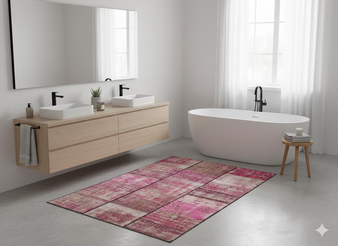 Handmade Pink Patchwork Wool Rug: Bohemian Area Rug (4.4x6.8 ft)