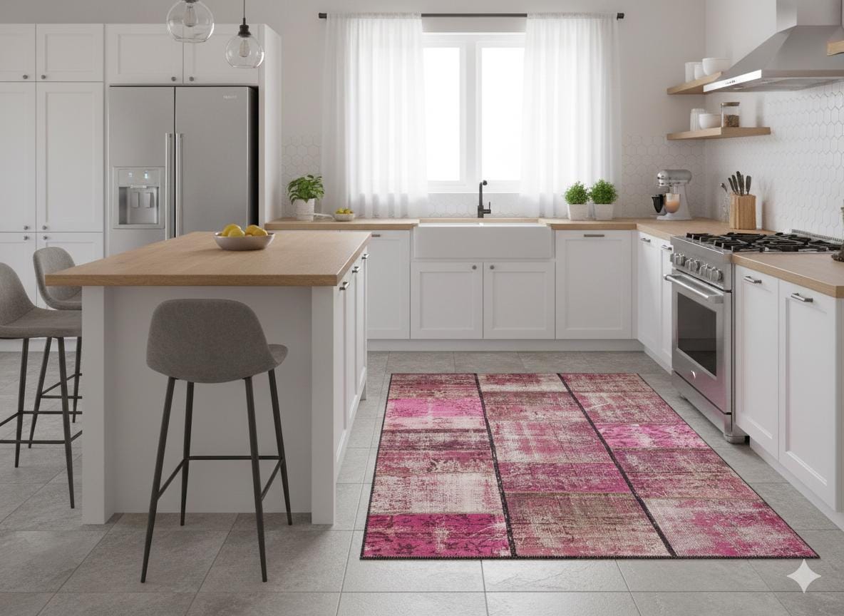 Handmade Pink Patchwork Wool Rug: Bohemian Area Rug (4.4x6.8 ft)