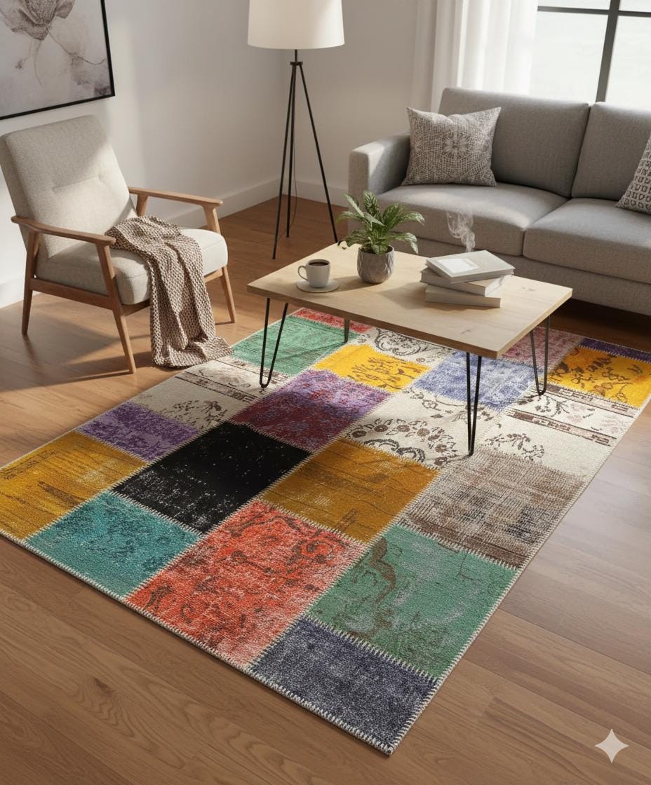 4.6x6.6, Handmade Wool Turkish Patchwork Rug – Vintage, Bohemian, One-of-a-Kind Area Rug