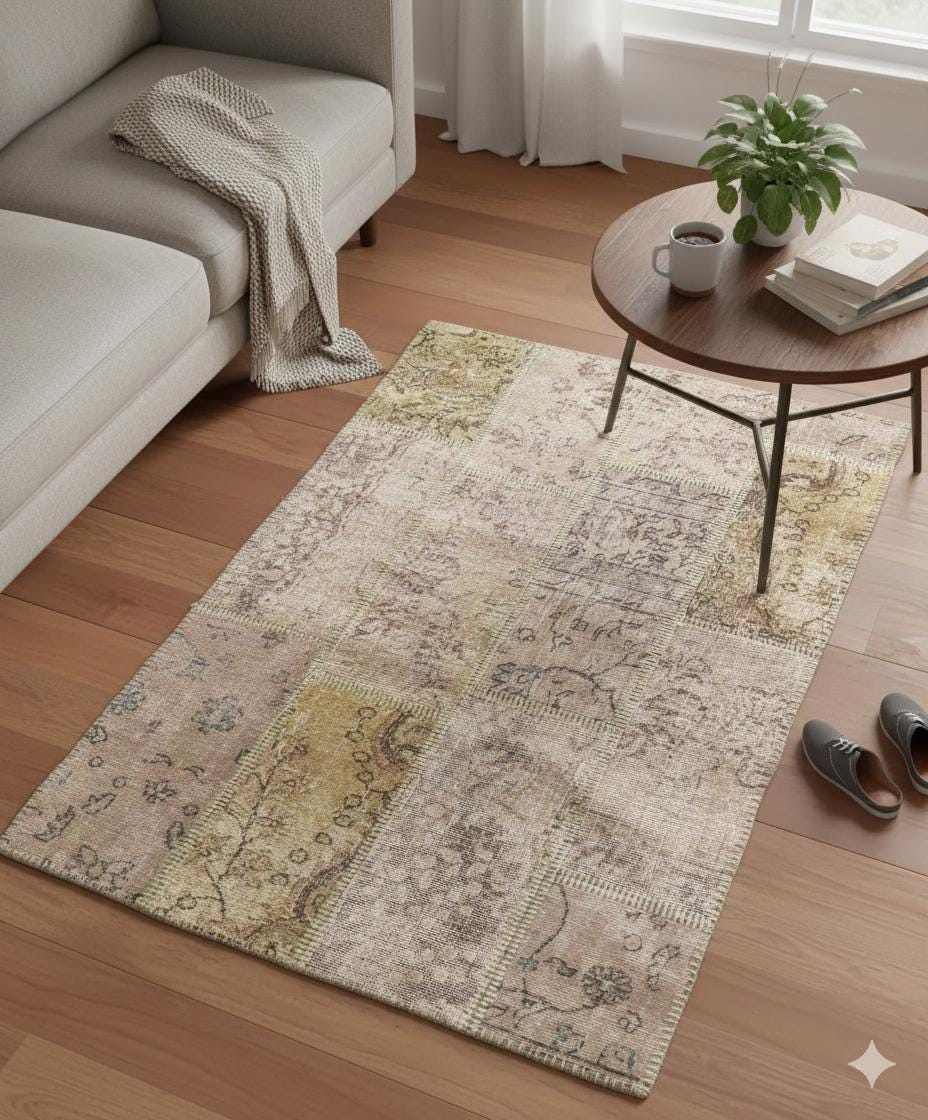 3.3x4.9, Handmade Wool Turkish Patchwork Rug – Vintage, Bohemian, One-of-a-Kind Area Rug