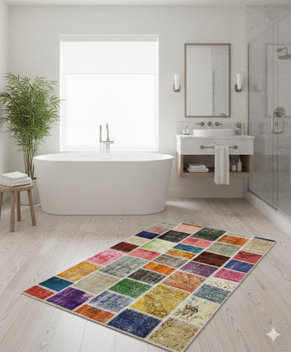 Handmade Wool Patchwork Rug: 4x6 ft Bohemian Turkish Rug