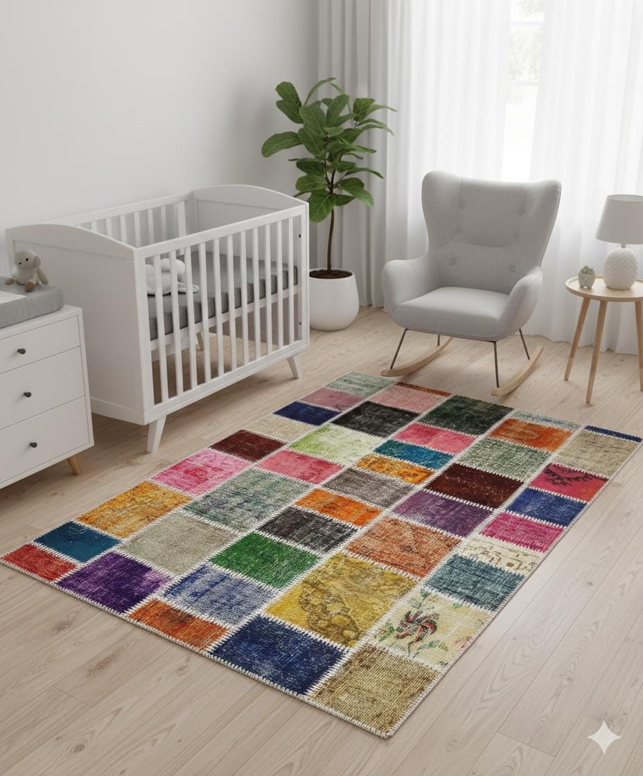 Handmade Wool Patchwork Rug: 4x6 ft Bohemian Turkish Rug