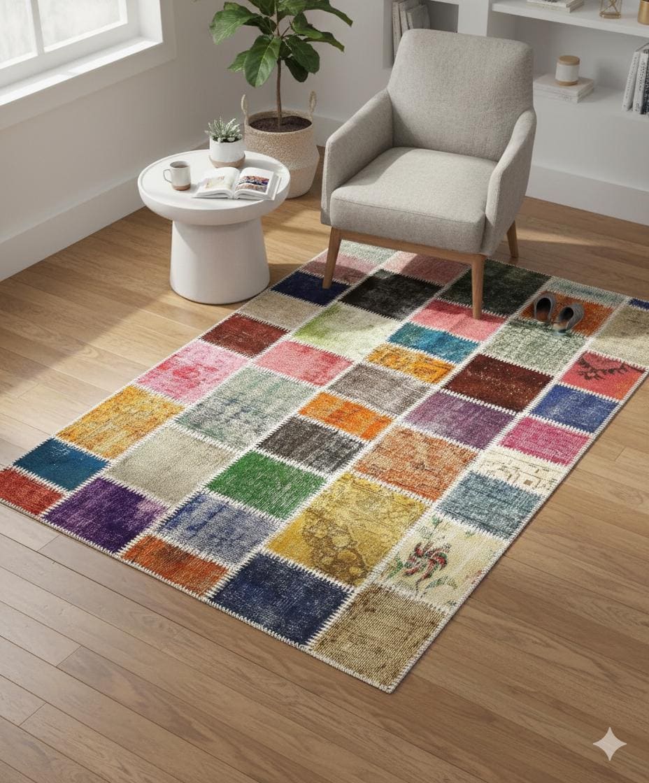 Handmade Wool Patchwork Rug: 4x6 ft Bohemian Turkish Rug