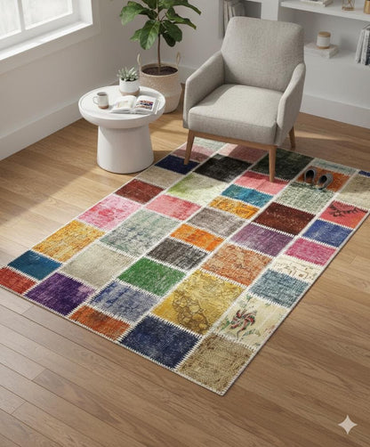 Handmade Wool Patchwork Rug: 4x6 ft Bohemian Turkish Rug