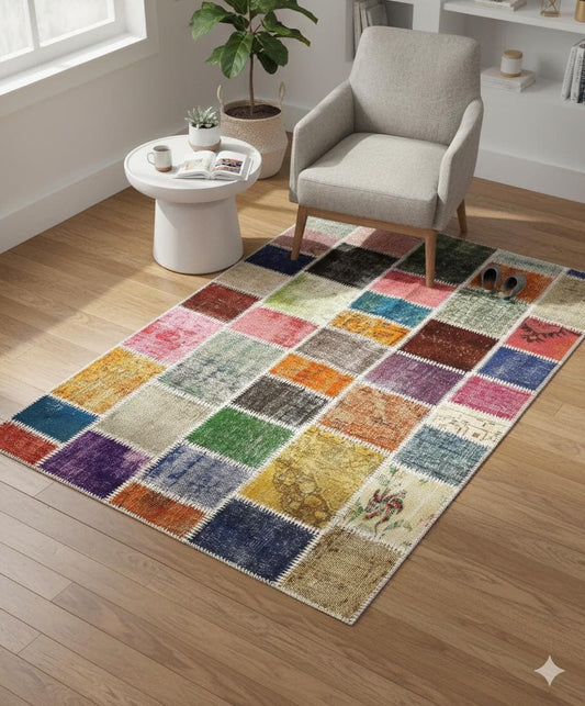 Handmade Wool Patchwork Rug: 4x6 ft Bohemian Turkish Rug