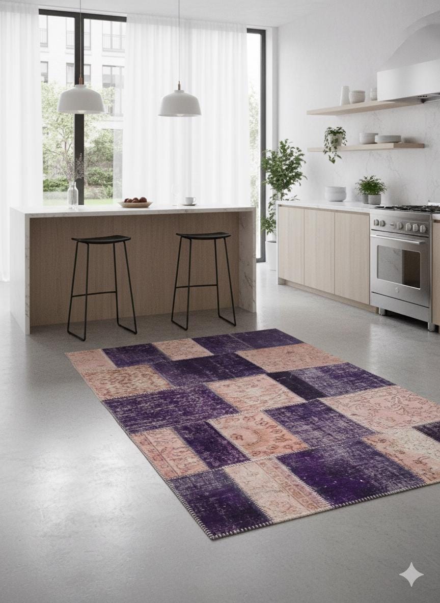 Handmade Purple Patchwork Wool Rug: Bohemian Turkish Rug (4.5'x6.6' ft)