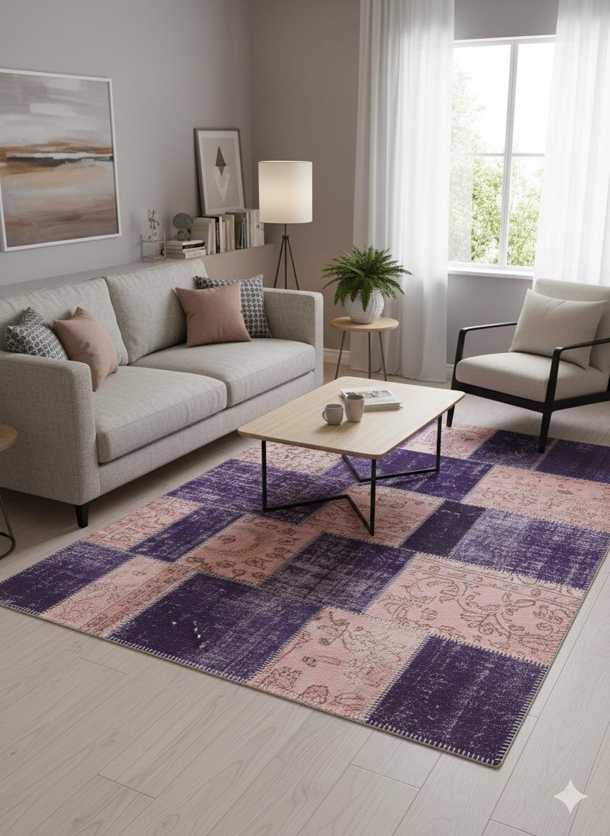 Handmade Purple Patchwork Wool Rug: Bohemian Turkish Rug (4.5'x6.6' ft)