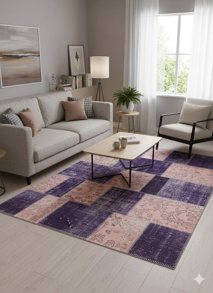 Handmade Purple Patchwork Wool Rug: Bohemian Turkish Rug (4.5'x6.6' ft)