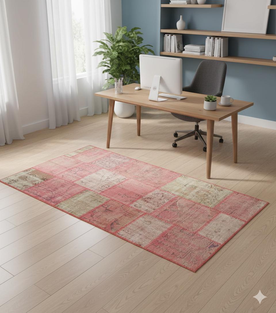 Pink Patchwork Rug: 4x6 ft, Handmade Wool Bohemian Area Rug