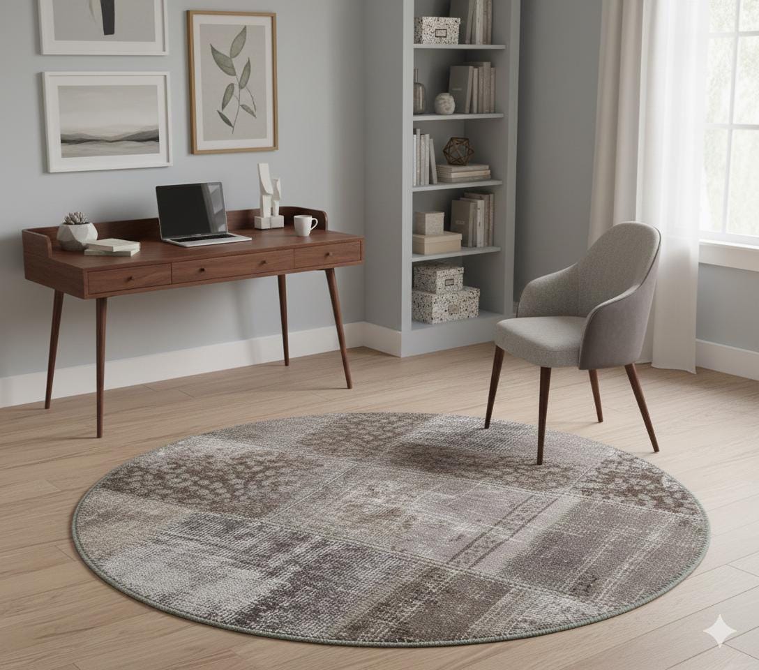 Handmade Wool Turkish Rug: 3.7 ft Round Patchwork Bohemian Area Rug